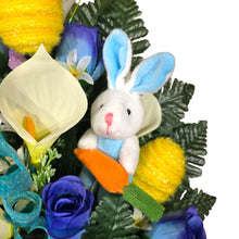 Load image into Gallery viewer, Easter Memorial Decoration Blue Rosebud and Cream Calla Lily with Yellow Easter Eggs, a Blue Bunny, &amp; Jewel Tone Pastel Accents Cemetery Cone (Copy)
