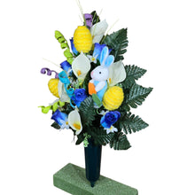 Load image into Gallery viewer, Easter Memorial Decoration Blue Rosebud and Cream Calla Lily with Yellow Easter Eggs, a Blue Bunny, &amp; Jewel Tone Pastel Accents Cemetery Cone (Copy)
