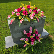 Load image into Gallery viewer, Beauty Pink Rose &amp; Calla Lily Memorial Decoration set: includes 1 headstone saddle &amp; 1 cemetery cone

