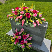 Load image into Gallery viewer, Beauty Pink Rose &amp; Calla Lily Memorial Decoration set: includes 1 headstone saddle &amp; 1 cemetery cone
