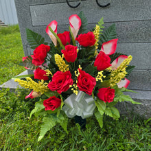Load image into Gallery viewer, Red Rose &amp; Calla Lily Memorial Decoration set: includes 1 headstone saddle &amp; 1 cemetery cone
