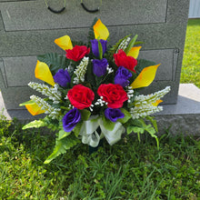 Load image into Gallery viewer, Red Yellow and Purple Rose &amp; Calla Lily Memorial Decoration set: includes 1 headstone saddle &amp; 1 cemetery cone
