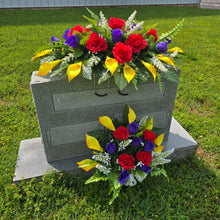 Load image into Gallery viewer, Red Yellow and Purple Rose &amp; Calla Lily Memorial Decoration set: includes 1 headstone saddle &amp; 1 cemetery cone
