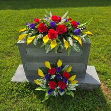 Load image into Gallery viewer, Red Yellow and Purple Rose &amp; Calla Lily Memorial Decoration set: includes 1 headstone saddle &amp; 1 cemetery cone

