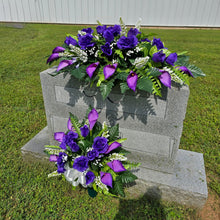 Load image into Gallery viewer, Purple Rose &amp; Calla Lily Memorial Decoration set: includes 1 headstone saddle &amp; 1 cemetery cone
