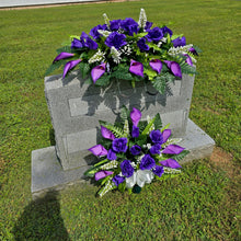 Load image into Gallery viewer, Purple Rose &amp; Calla Lily Memorial Decoration set: includes 1 headstone saddle &amp; 1 cemetery cone
