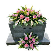 Load image into Gallery viewer, Cream Pink Rose &amp; Calla Lily Memorial Decoration set: includes 1 headstone saddle &amp; 1 cemetery cone
