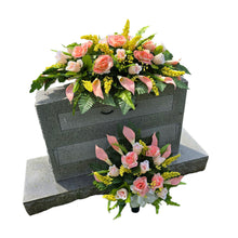 Load image into Gallery viewer, Peach Rose &amp; Calla Lily Memorial Decoration set: includes 1 headstone saddle &amp; 1 cemetery cone
