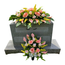 Load image into Gallery viewer, Peach Rose &amp; Calla Lily Memorial Decoration set: includes 1 headstone saddle &amp; 1 cemetery cone
