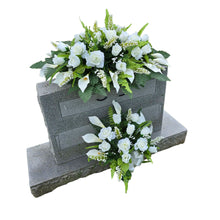 Load image into Gallery viewer, This headstone saddle and single cemetery cone set has silk grave flowers including Cream Calla Lilies and Roses
