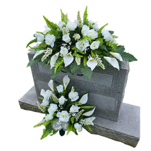 Load image into Gallery viewer, This headstone saddle and single cemetery cone set has silk grave flowers including Cream Calla Lilies and Roses
