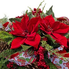 Load image into Gallery viewer, Christmas arrangement with poinsettias &amp; berries is a winter front door swag or holiday centerpiece for table or mantle Christmas Decor
