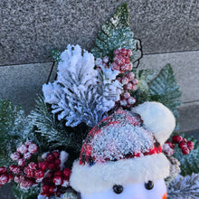 Load image into Gallery viewer, This cemetery cone comes with a cute smiling snowman, red berries, and a stocking cap. It is a Christmas memorial decoration.
