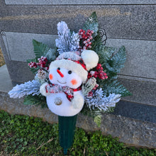 Load image into Gallery viewer, This cemetery cone comes with a cute smiling snowman, red berries, and a stocking cap. It is a Christmas memorial decoration.
