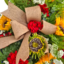 Load image into Gallery viewer, Sunflower Geranium Front Door Swag, Handmade Floral Teardrop
