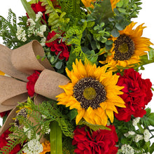 Load image into Gallery viewer, Sunflower Geranium Front Door Swag, Handmade Floral Teardrop
