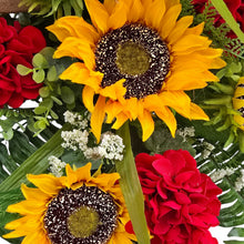 Load image into Gallery viewer, Sunflower Geranium Front Door Swag, Handmade Floral Teardrop
