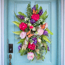 Load image into Gallery viewer, Pink Peony &amp; Purple Lilac Spring Front Door Swag with Butterflies, Handmade Faux Floral Teardrop

