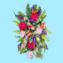 Load image into Gallery viewer, Pink Peony &amp; Purple Lilac Spring Front Door Swag with Butterflies, Handmade Faux Floral Teardrop
