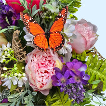 Load image into Gallery viewer, Pink Peony &amp; Purple Lilac Spring Front Door Swag with Butterflies, Handmade Faux Floral Teardrop
