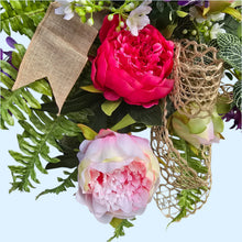 Load image into Gallery viewer, Pink Peony &amp; Purple Lilac Spring Front Door Swag with Butterflies, Handmade Faux Floral Teardrop
