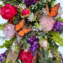 Load image into Gallery viewer, Pink Peony &amp; Purple Lilac Spring Front Door Swag with Butterflies, Handmade Faux Floral Teardrop
