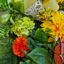 Load image into Gallery viewer, Dahlia Front Door Wreath Swag with Butterflies for Spring or Summer Porch Decor
