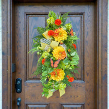 Load image into Gallery viewer, Dahlia Front Door Wreath Swag with Butterflies for Spring or Summer Porch Decor
