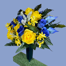 Load image into Gallery viewer, Blue and Yellow Rose and Calla Lily Cemetery Cone Memorial Decoration
