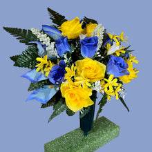 Load image into Gallery viewer, Blue and Yellow Rose and Calla Lily Cemetery Cone Memorial Decoration
