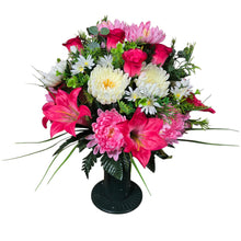 Load image into Gallery viewer, Cemetery Memorial Decoration with Pink Lilies, Mums, and Rosebud Grave Flowers. A 360-degree funeral arrangement made in a foam insert.
