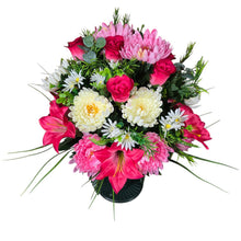 Load image into Gallery viewer, Cemetery Memorial Decoration with Pink Lilies, Mums, and Rosebud Grave Flowers. A 360-degree funeral arrangement made in a foam insert.
