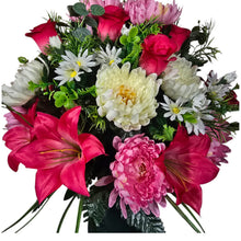 Load image into Gallery viewer, Cemetery Memorial Decoration with Pink Lilies, Mums, and Rosebud Grave Flowers. A 360-degree funeral arrangement made in a foam insert.
