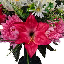 Load image into Gallery viewer, Cemetery Memorial Decoration with Pink Lilies, Mums, and Rosebud Grave Flowers. A 360-degree funeral arrangement made in a foam insert.
