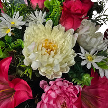 Load image into Gallery viewer, Cemetery Memorial Decoration with Pink Lilies, Mums, and Rosebud Grave Flowers. A 360-degree funeral arrangement made in a foam insert.
