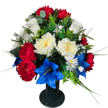 Load image into Gallery viewer, Cemetery Memorial Decoration with Red White and Blue mix of Lilies, Mums, and Rosebud Grave Flowers. A 360-degree funeral arrangement made in a foam insert. (Copy)
