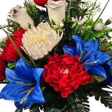 Load image into Gallery viewer, Cemetery Memorial Decoration with Red White and Blue mix of Lilies, Mums, and Rosebud Grave Flowers. A 360-degree funeral arrangement made in a foam insert. (Copy)
