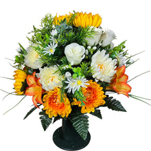 Load image into Gallery viewer, Cemetery Memorial Decoration with Orange Lilies, Mums, and Rosebud Grave Flowers. A 360-degree funeral arrangement made in a foam insert. (Copy)
