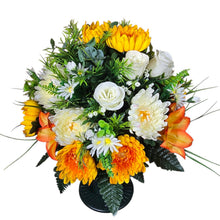 Load image into Gallery viewer, Cemetery Memorial Decoration with Orange Lilies, Mums, and Rosebud Grave Flowers. A 360-degree funeral arrangement made in a foam insert. (Copy)

