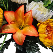 Load image into Gallery viewer, Cemetery Memorial Decoration with Orange Lilies, Mums, and Rosebud Grave Flowers. A 360-degree funeral arrangement made in a foam insert. (Copy)
