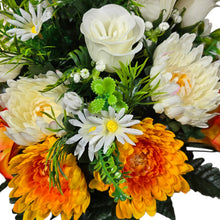 Load image into Gallery viewer, Cemetery Memorial Decoration with Orange Lilies, Mums, and Rosebud Grave Flowers. A 360-degree funeral arrangement made in a foam insert. (Copy)
