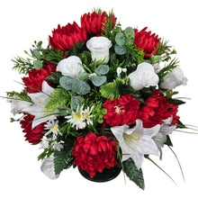 Load image into Gallery viewer, Cemetery Memorial Decoration with Red and White mix of Lilies, Mums, and Rosebud Grave Flowers. A 360-degree funeral arrangement made in a foam insert. (Copy) (Copy)
