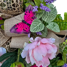 Load image into Gallery viewer, Pink Peony &amp; Purple Filler Spring Front Door Swag with Butterflies, Handmade Faux Floral Teardrop
