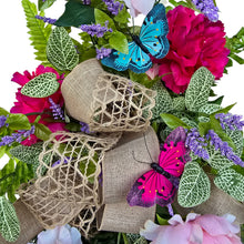 Load image into Gallery viewer, Pink Peony &amp; Purple Filler Spring Front Door Swag with Butterflies, Handmade Faux Floral Teardrop
