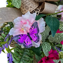 Load image into Gallery viewer, Pink Peony &amp; Purple Filler Spring Front Door Swag with Butterflies, Handmade Faux Floral Teardrop
