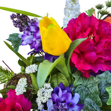 Load image into Gallery viewer, Vibrant Spring Floral Front Door Swag with Butterflies, Handmade Faux Floral Teardrop with peonies, Lilacs, and Tulips
