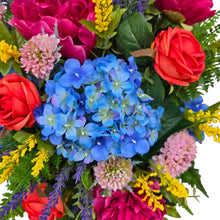 Load image into Gallery viewer, Colorful Front Door Swag or Centerpiece with Pink Peonies, Blue Hydrangeas, Roses &amp; Yellow Tulips
