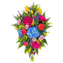 Load image into Gallery viewer, Colorful Front Door Swag or Centerpiece with Pink Peonies, Blue Hydrangeas, Roses &amp; Yellow Tulips
