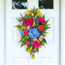Load image into Gallery viewer, Colorful Front Door Swag or Centerpiece with Pink Peonies, Blue Hydrangeas, Roses &amp; Yellow Tulips
