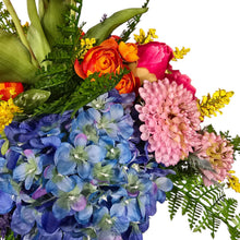 Load image into Gallery viewer, Colorful Centerpiece with Pink Peonies, Blue Hydrangeas, Roses &amp; Yellow Tulips
